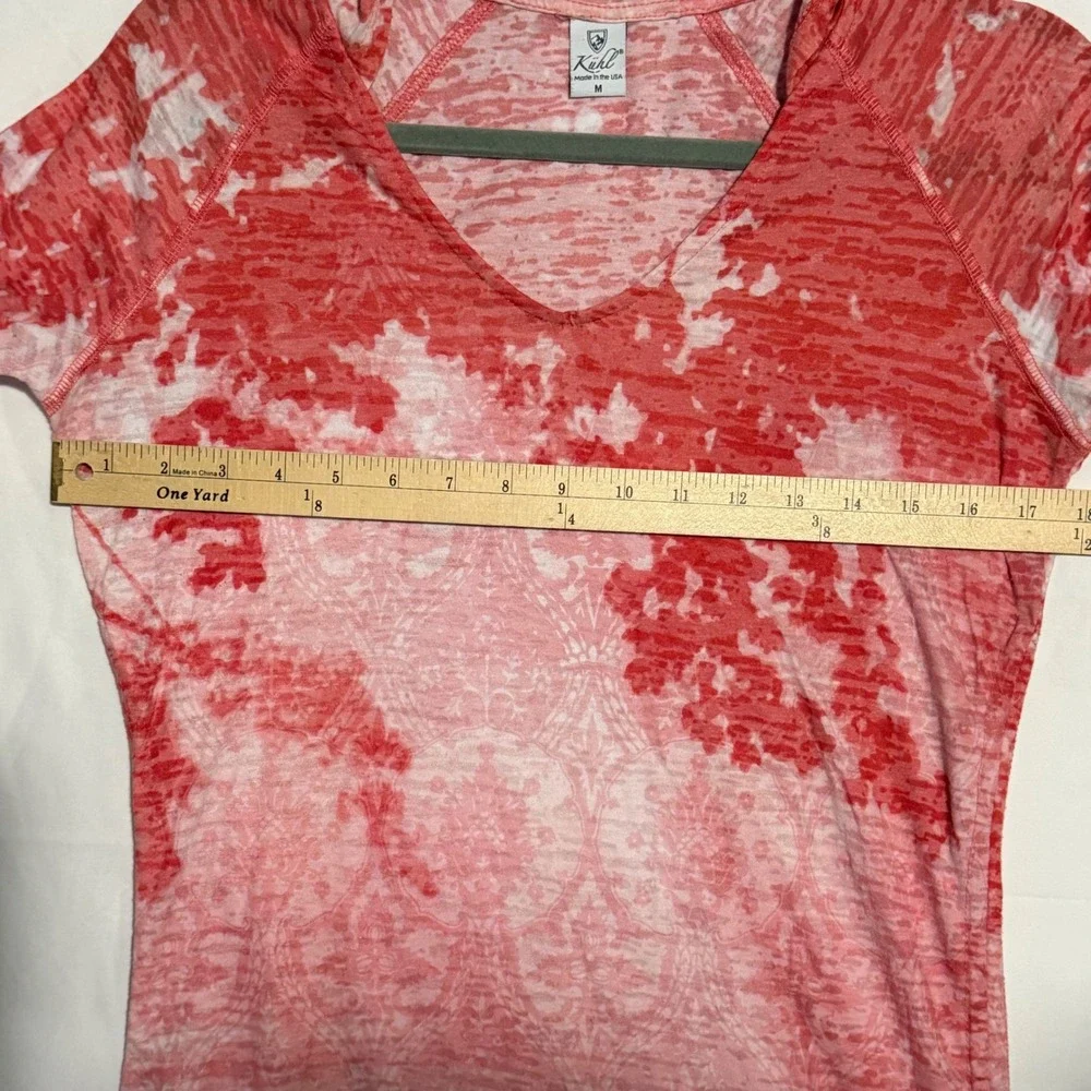 Kuhl Womens Red White Burnout Damask Hoodie V-Neck Thumbholes Made in USA Medium
